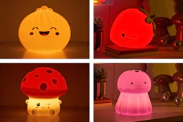 4 lifestyle images of Urban Shop jumbo squishy lights: dumpling, strawberry, mushroom & jellyfish