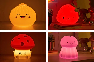 4 lifestyle images of Urban Shop jumbo squishy lights: dumpling, strawberry, mushroom & jellyfish