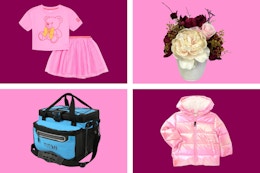 4 stock images: apparel, floral arrangement and a cooler