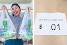 two images of a woman holding bags at the dollar tree and a dollar tree one penny today only sign 