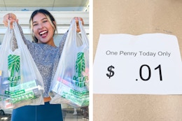 two images of a woman holding bags at the dollar tree and a dollar tree one penny today only sign 