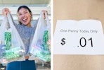 two images of a woman holding bags at the dollar tree and a dollar tree one penny today only sign