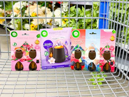 3 Air Wick Products in Walmart shopping cart in front of flowers