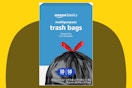  Amazon Basics Multipurpose Drawstring Trash Bags, 30 Gallon, 50 Count on a yellow background.