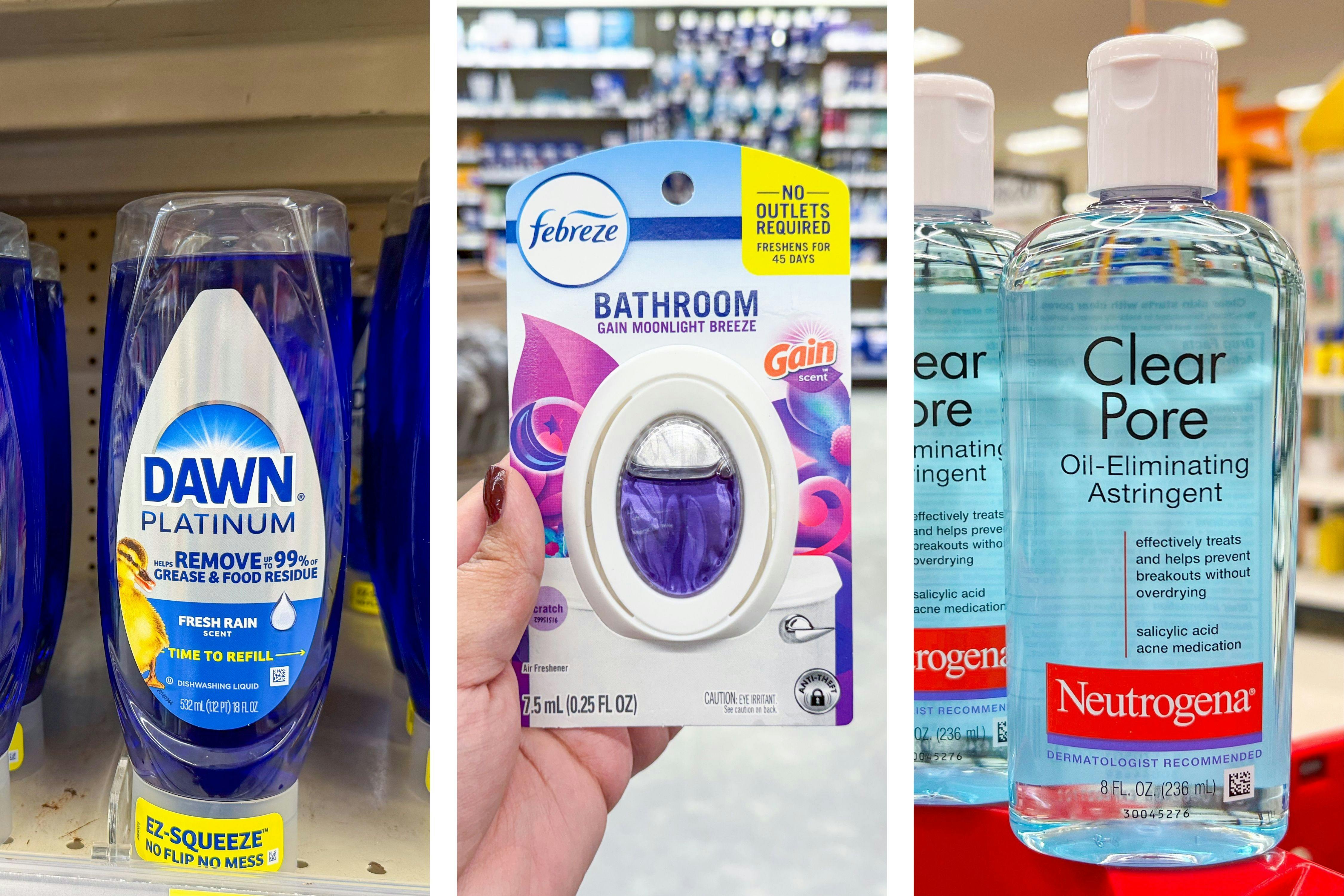 collage image of dawn dish soap, febreze bathroom air freshener, and neutrogena astringent