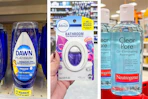 collage image of dawn dish soap, febreze bathroom air freshener, and neutrogena astringent