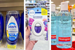 collage image of dawn dish soap, febreze bathroom air freshener, and neutrogena astringent