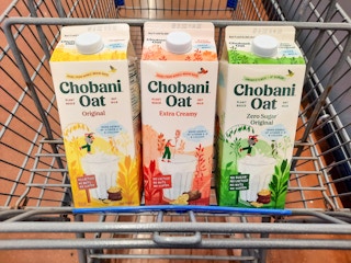 Chobani Original, Extra Creamy, and Zero Sugar Original Oat Milk in Walmart shopping cart
