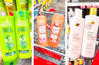 collage image of garnier, suave, and dove shampoos