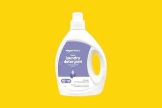 amazon basics detergent on a yellow background