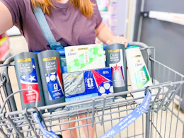 dove fifa body products sitting in a walmart shopping cart