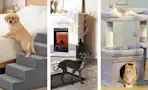 3 lifestyle images of pet deals: stairs, kennel and cat tower