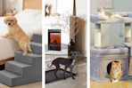3 lifestyle images of pet deals: stairs, kennel and cat tower