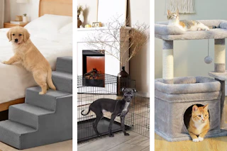 3 lifestyle images of pet deals: stairs, kennel and cat tower