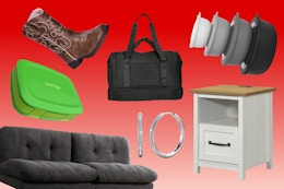 Clearance items: furniture, kids cowboy boots, hoop earrings, weekender bag + bowl set
