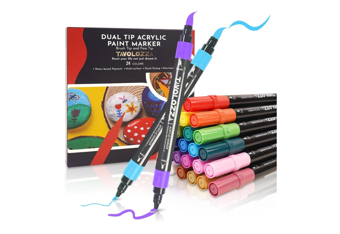 TAVOLOZZA 24 Colors Acrylic Paint Pens, Dual Tip Paint Markers with Brush  Tip an