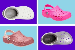 lined and unlined crocs clog on a blue background