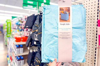 tough tote hanging on display at dollar tree