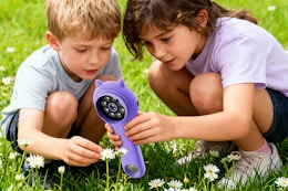 two kids using a microscope to look at flowers