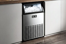 Lifestyle image of the Simzlife Freestanding Ice Machine installed in home kitchen