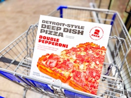 detroit style deep dish pizza in shopping cart