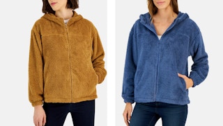 two women wearing a sherpa hoodie