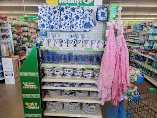 blue floral dinnerware collection display