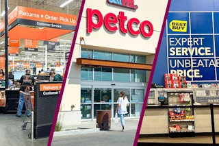 Three images of home depot, petco, and best buy return areas 