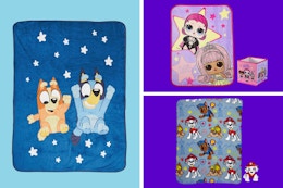 collage of blankets - Bluey, Paw Patrol, and LOL Surprise