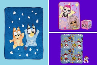 collage of blankets - Bluey, Paw Patrol, and LOL Surprise