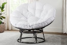 Lifestyle image (home setting) of the Better Homes & Gardens Papasan Chair in white sherpa