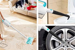Lifestyle images of the INSE steam mop being used clean floors, toilet & tire