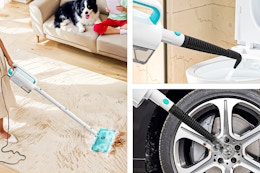 Lifestyle images of the INSE steam mop being used clean floors, toilet & tire