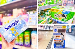 hand holding snuggle, bic flex 5 on shelf, bounty paper towels in walmart cart