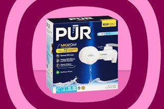 pur water filter on a pink striped background