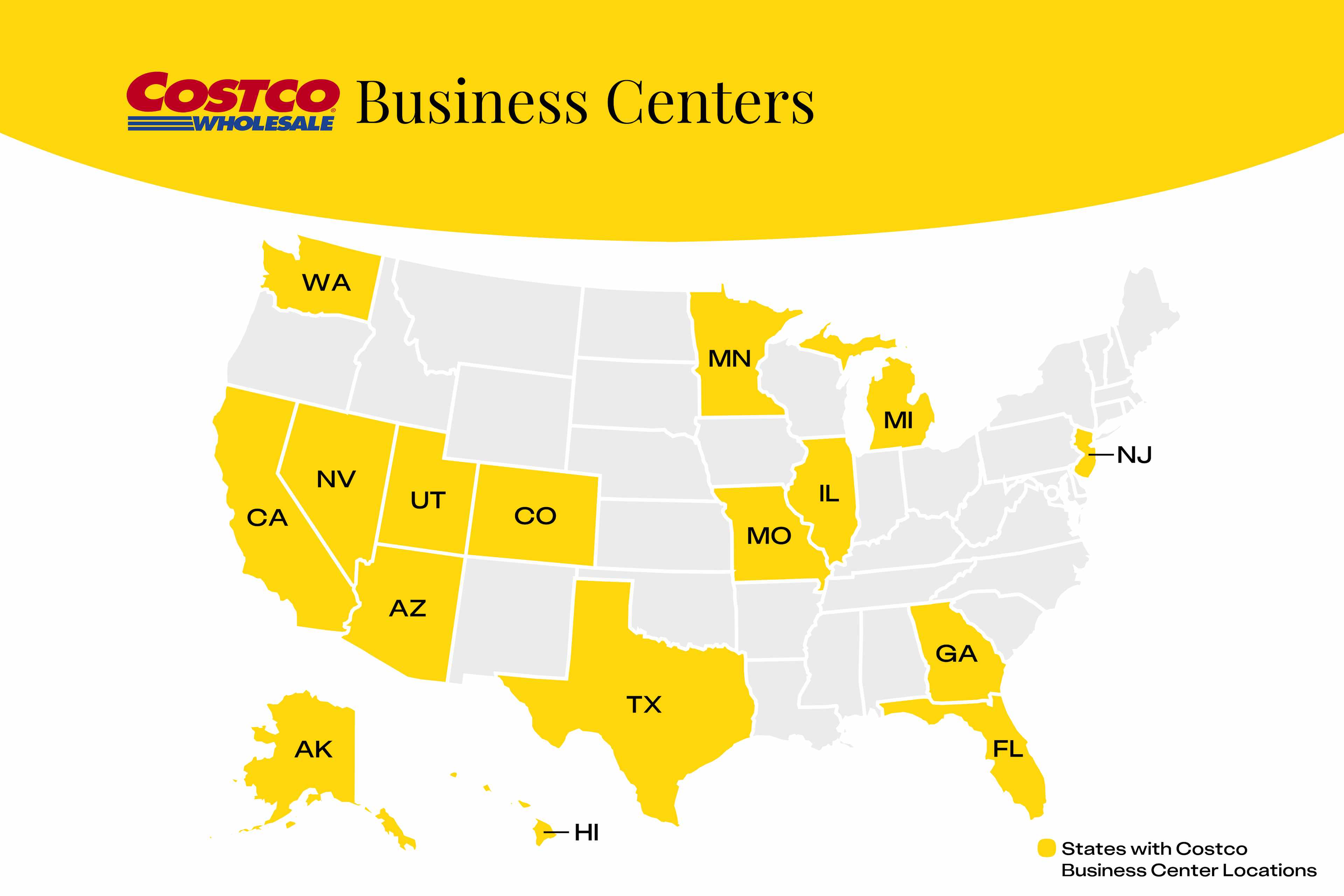 Map of the U.S. showing the 16 states with a Costco Business Center location