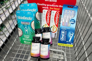 shopping cart with Skintimate razors, Colgate toothpaste, CVS Health vitamins, and Oral-b toothbrushes