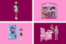 barbie dolls and accessories on pink and maroon background