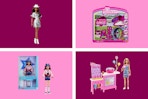 barbie dolls and accessories on pink and maroon background