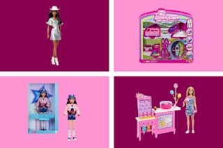barbie dolls and accessories on pink and maroon background