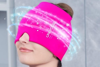 a woman wearing a migraine cap
