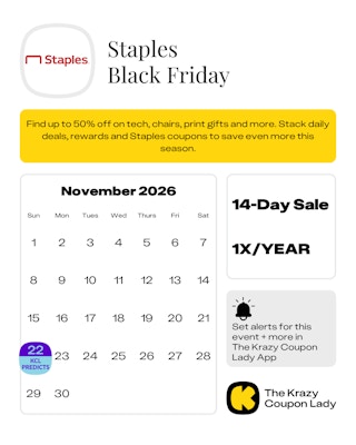 calendar graphic of staples black friday calendar prediction for 2026