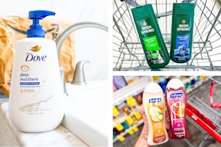collage image of dove, softsoap, and irish spring body wash