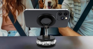 a phone holder with a phone on a car's dashboard