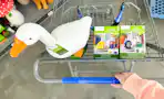 hand pushing cart with mainstays porch goose and two outfits