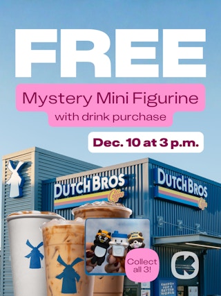 a graphic with the outside of a dutch bros coffee and free mini figurines