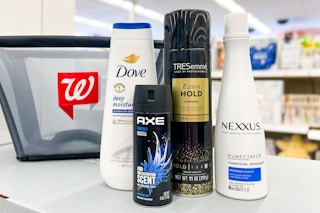 axe, dove, tresemme, and nexxus products next to a walgreens basket