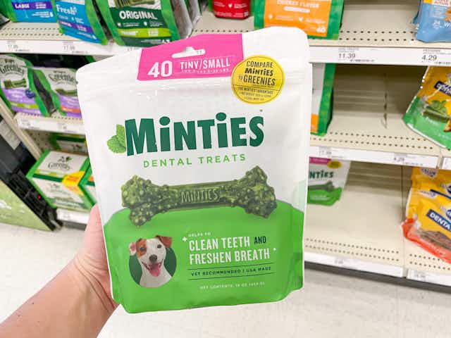 Minties Dental Dog Chew Treats 60-Pack, Now $12.71 on Amazon card image