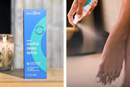 2 lifestyle images of the plusOne Restful Sleep Spray