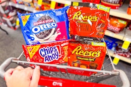 oreo, chips ahoy, and reese's in a cart